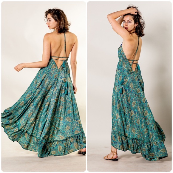 Zury Vintage Blue and Green Bohemian Printed Maxi Silk DressTassels 💙💚Free Size - Picture 1 of 12